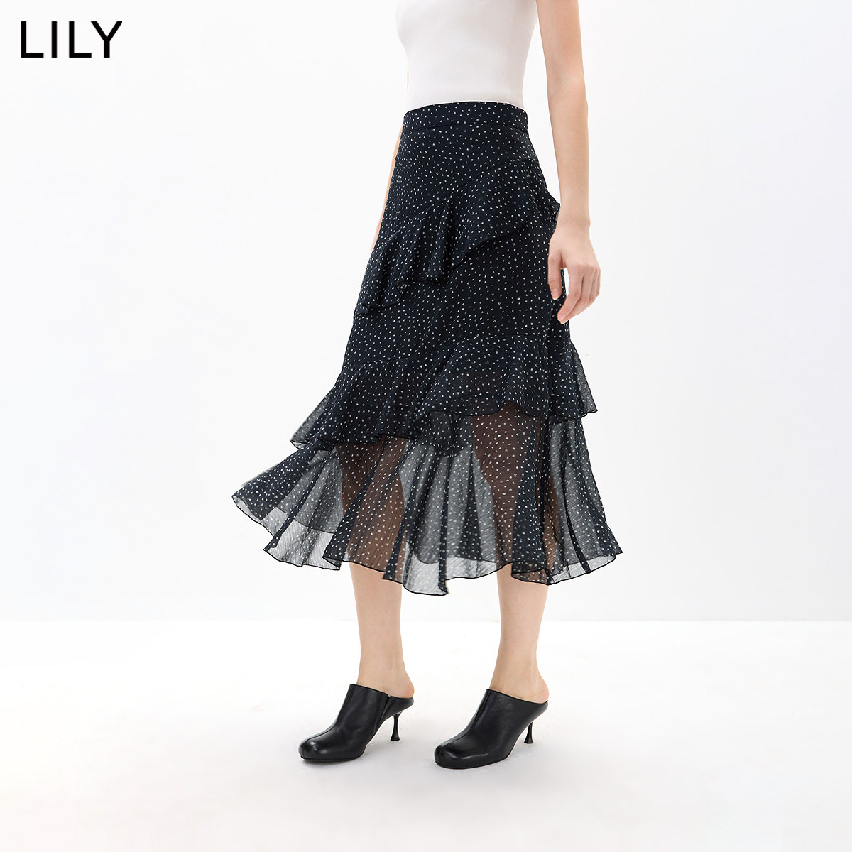 LILY复古波点荷叶边蛋糕半身裙