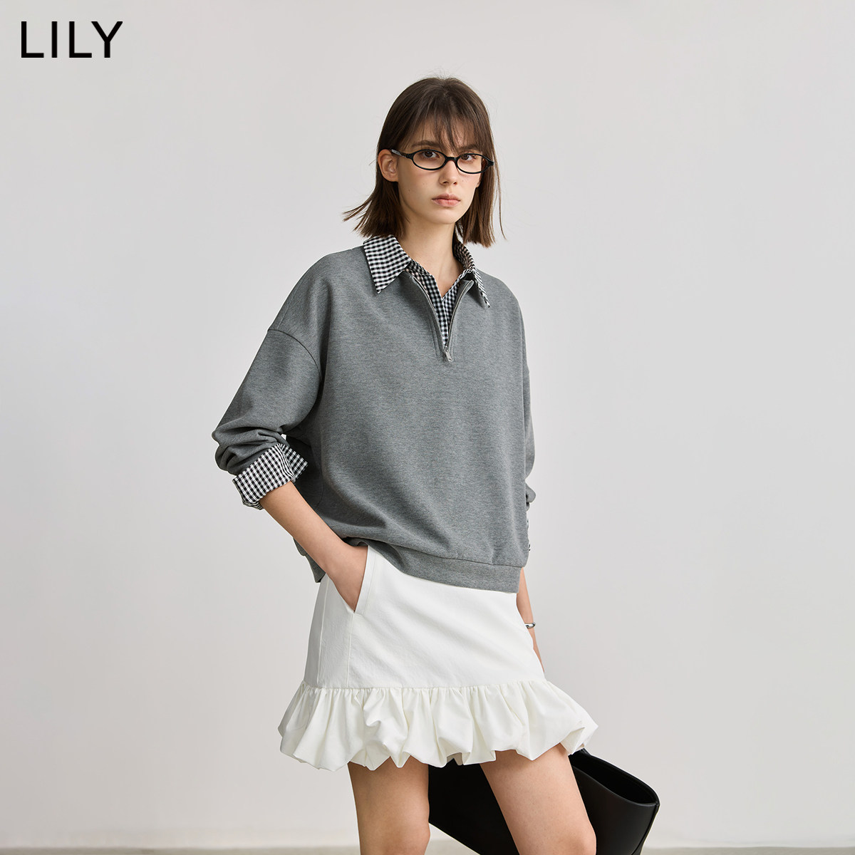 LILY2025秋新款女装格雷系学院风设计感假两件格纹宽松休闲卫衣
