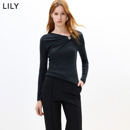 LILY2026秋新款含羊毛设计感格雷系扭结修身通勤灰色长袖针织衫女