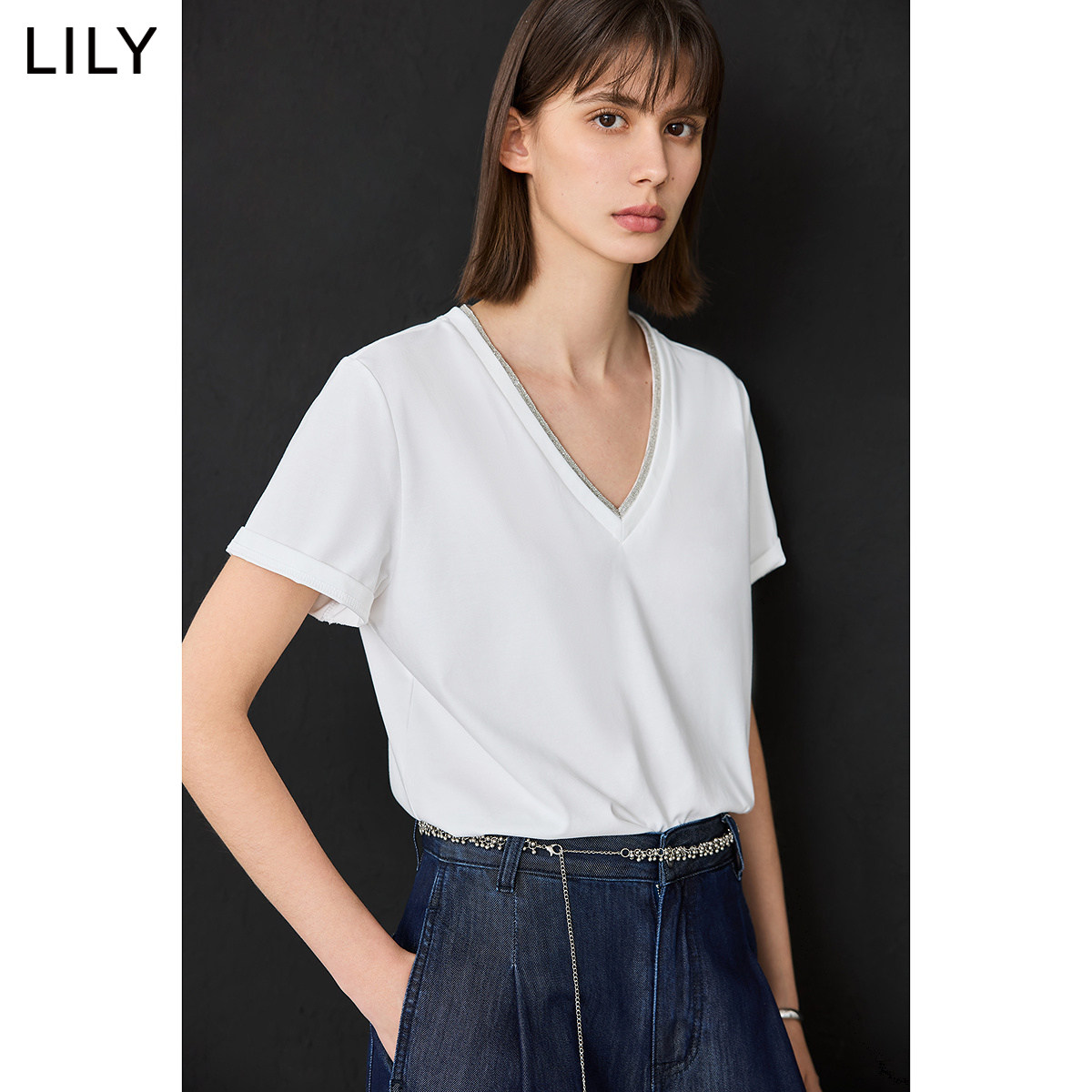 LILY夏季假两件V领短袖T恤女显瘦