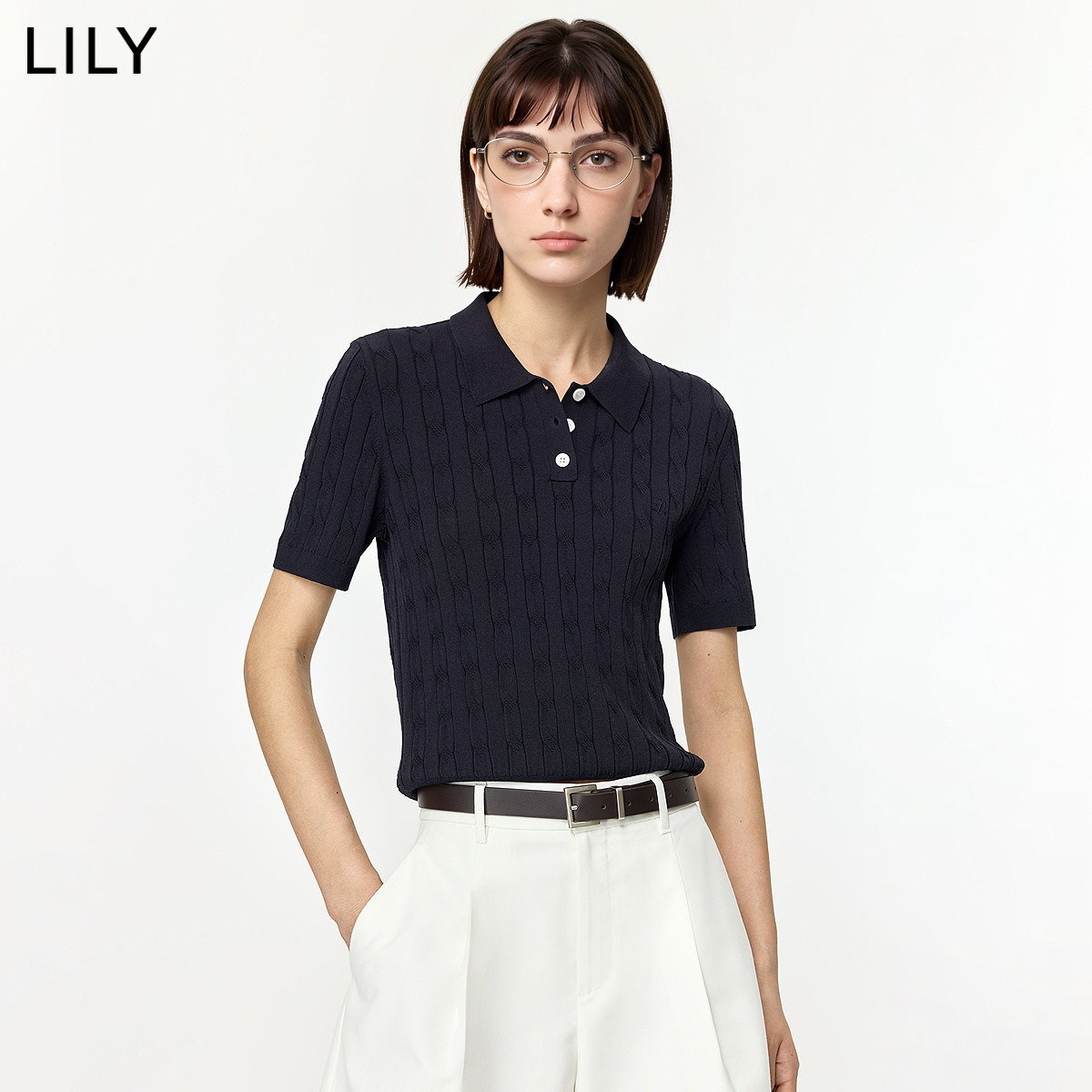 LILY2026夏新款女装复古简约POLO领老钱风正肩休闲通勤短袖针织衫