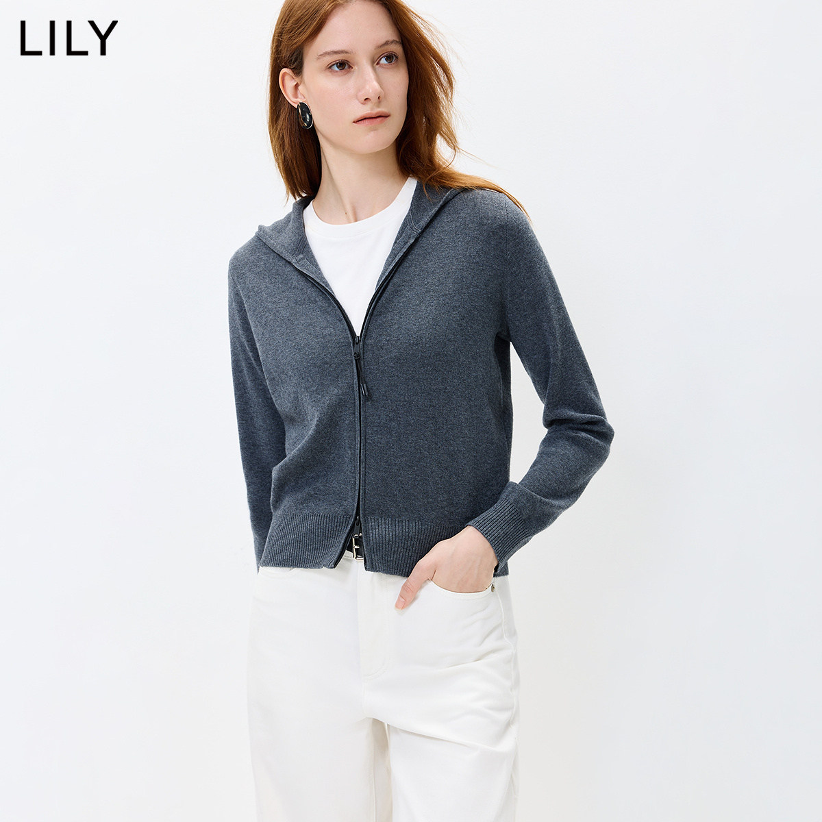 LILY2026秋新款女装格雷系连帽拉链休闲通勤百搭深色针织开衫外套