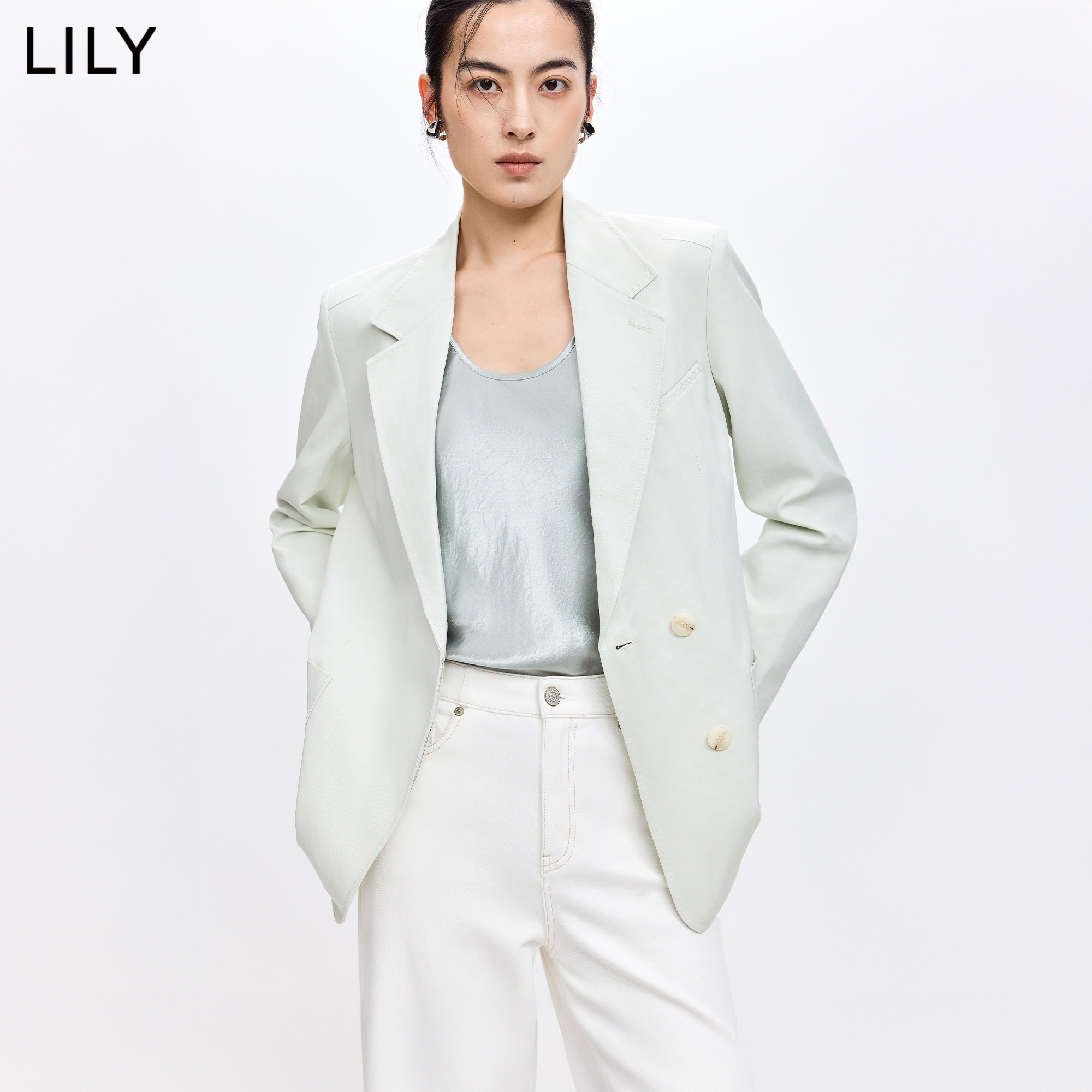 LILY2026春新款女装含亚麻欧若风双排扣气质通勤浅绿色西装外套