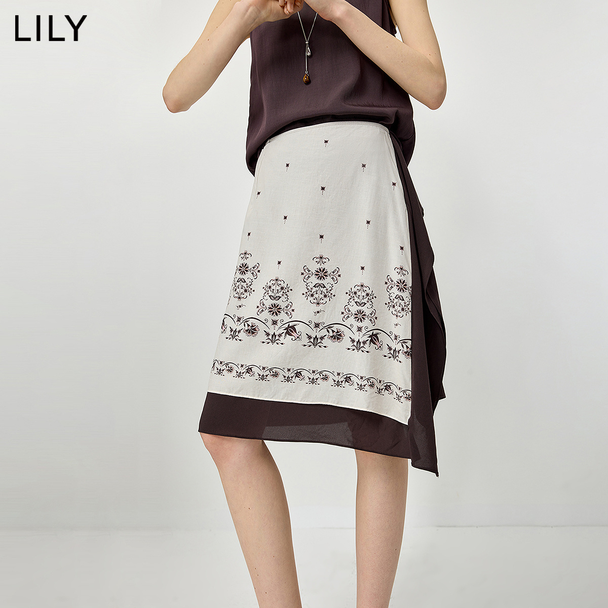 LILY2026夏新款女装莱赛尔亚麻混纺复古度假风撞色花卉双层半身裙