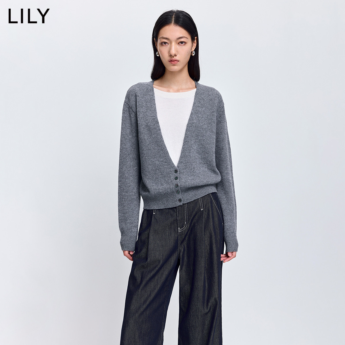 100%羊毛LILY2026春新款女装格雷系撞色假两件灰色套头针织衫毛衣