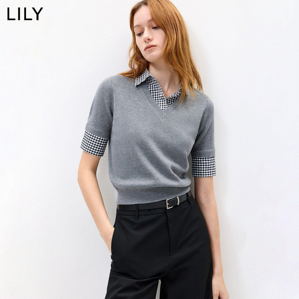 LILY含羊毛假两件翻领针织衫