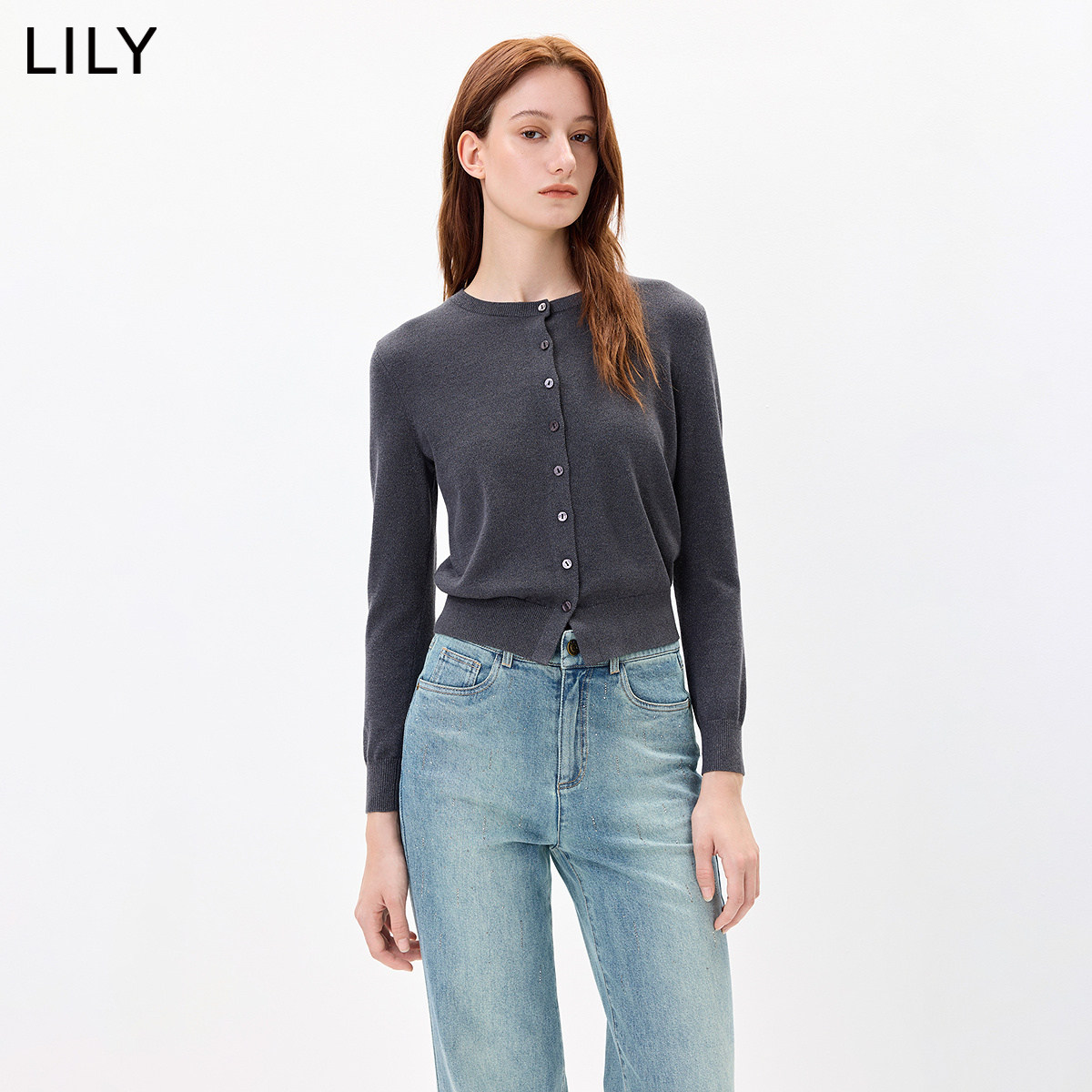 LILY2026秋新款女装含羊毛简约圆领休闲通勤细闪刺绣针织开衫外套