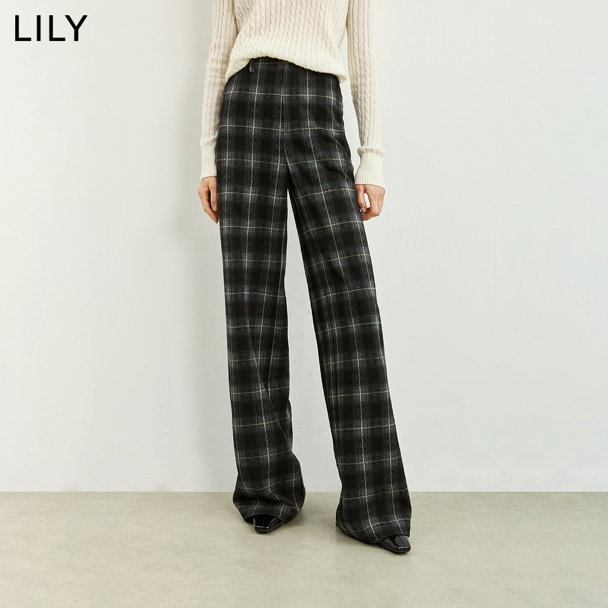 LILY2026冬新款女装复古学院风格纹磨毛暖感宽松通勤阔腿裤休闲裤