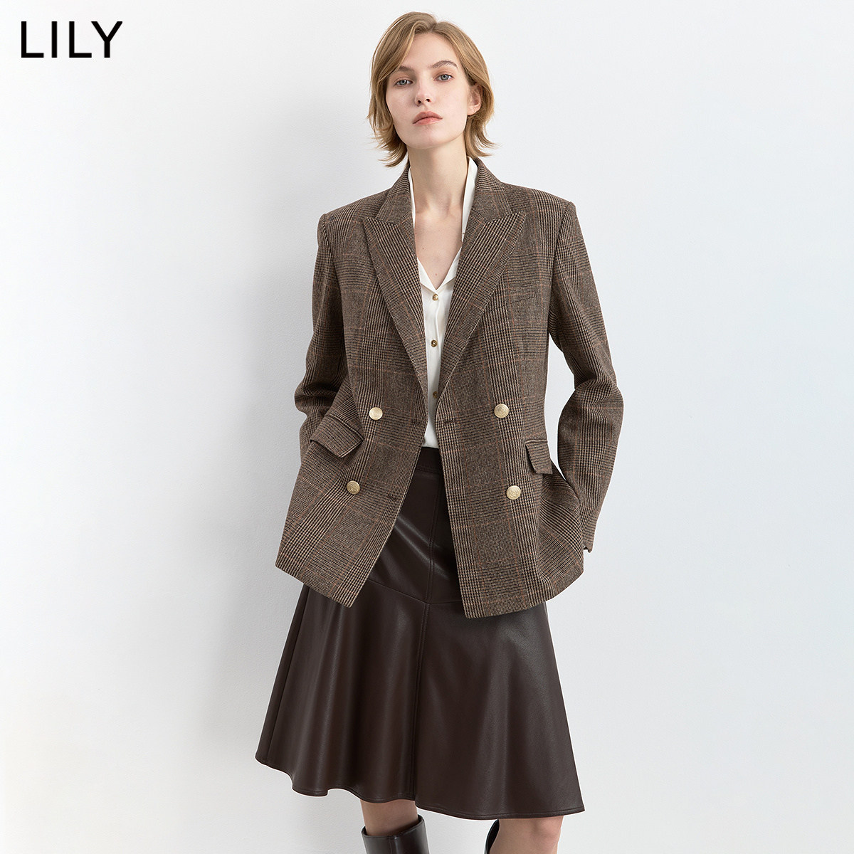 LILY2026冬新款女装羊毛混纺复古千鸟格双排扣轻商务通勤西装外套