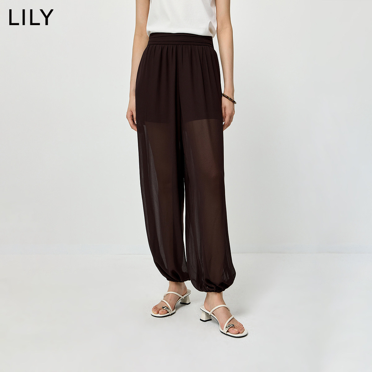 LILY2026夏新款女装复古气质通勤宽松设计感薄款茶色束脚裤休闲裤