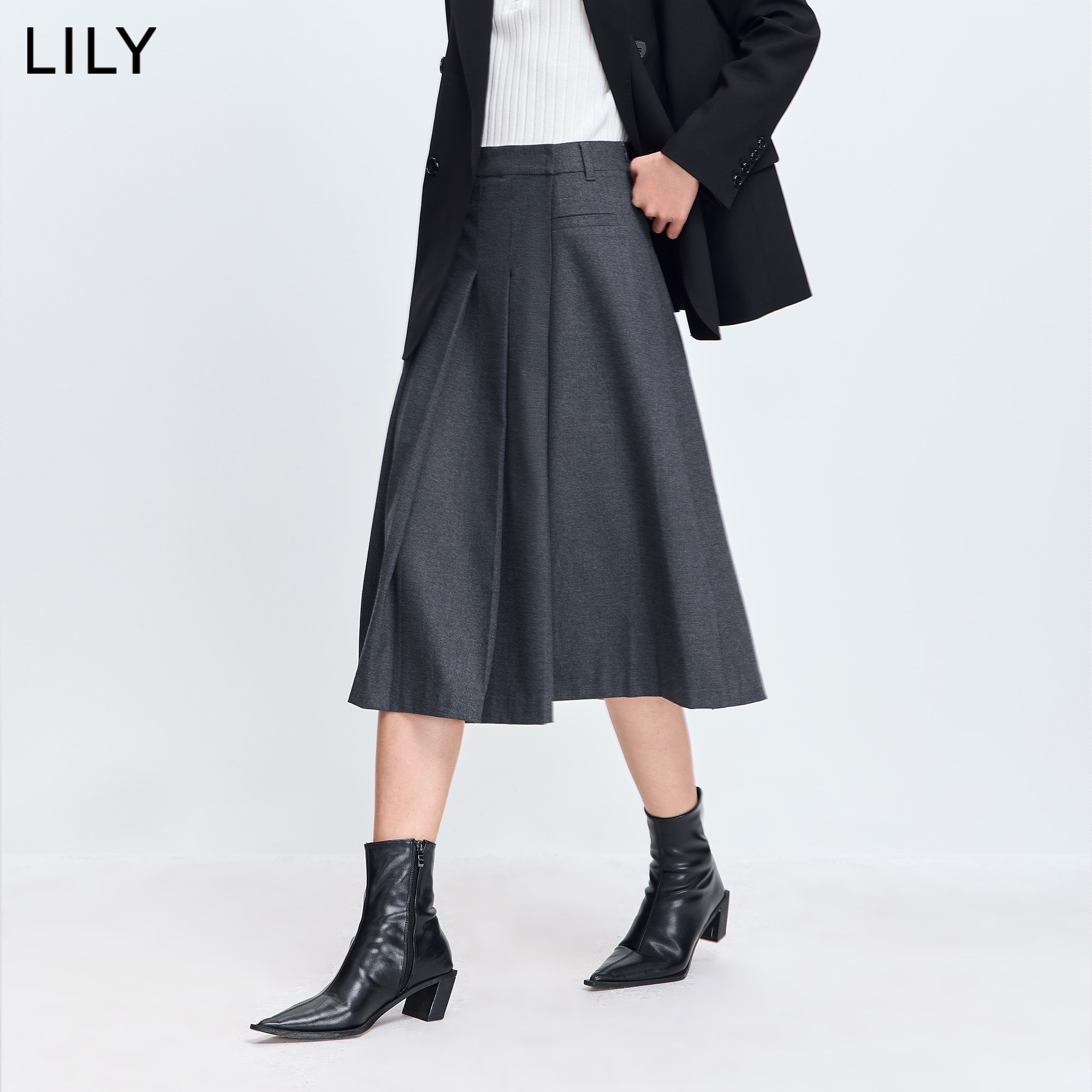 LILY学院风磨毛灰色百褶半身裙
