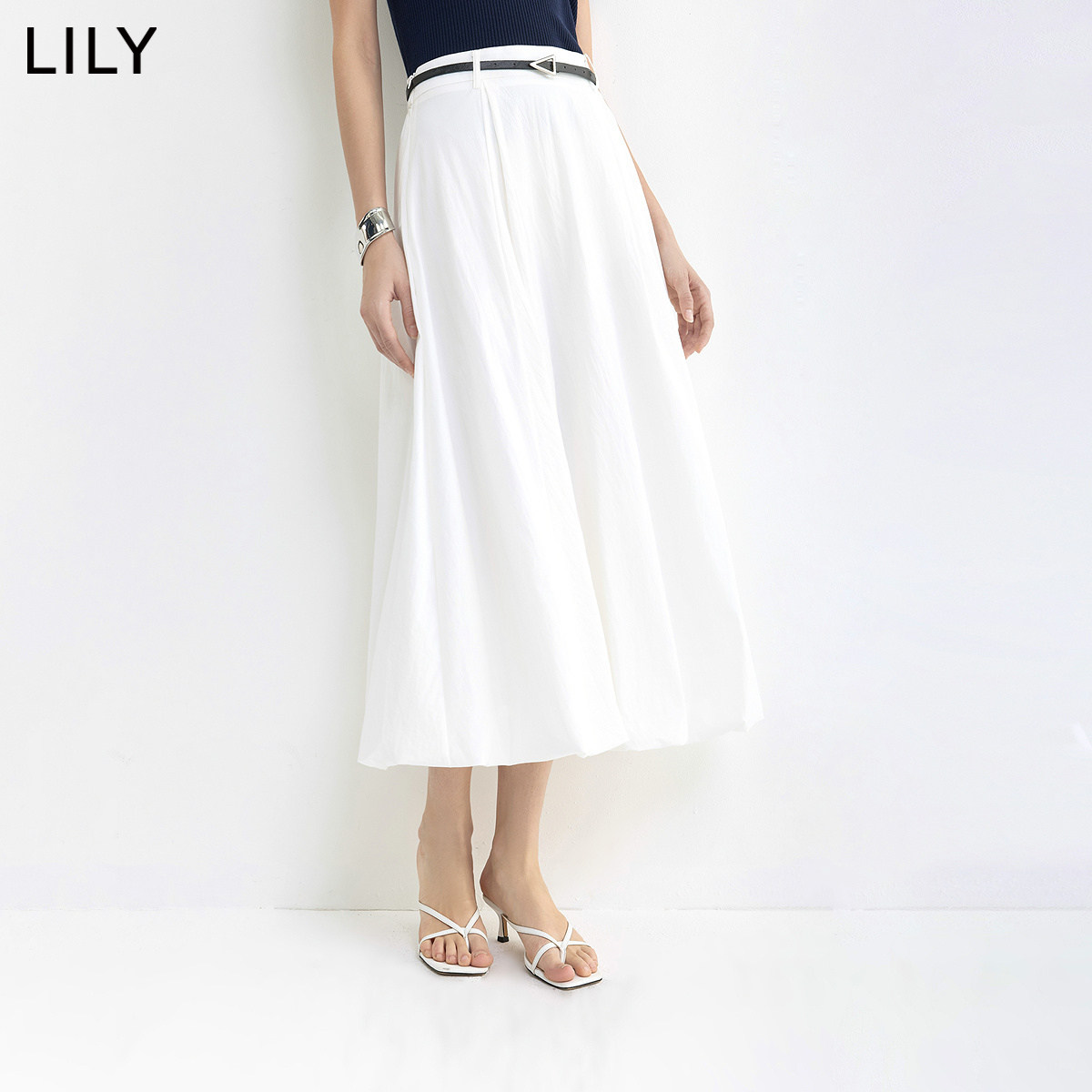 LILY2026夏新款简约宽松休闲百搭通勤白色花苞裙A字半身裙女长款