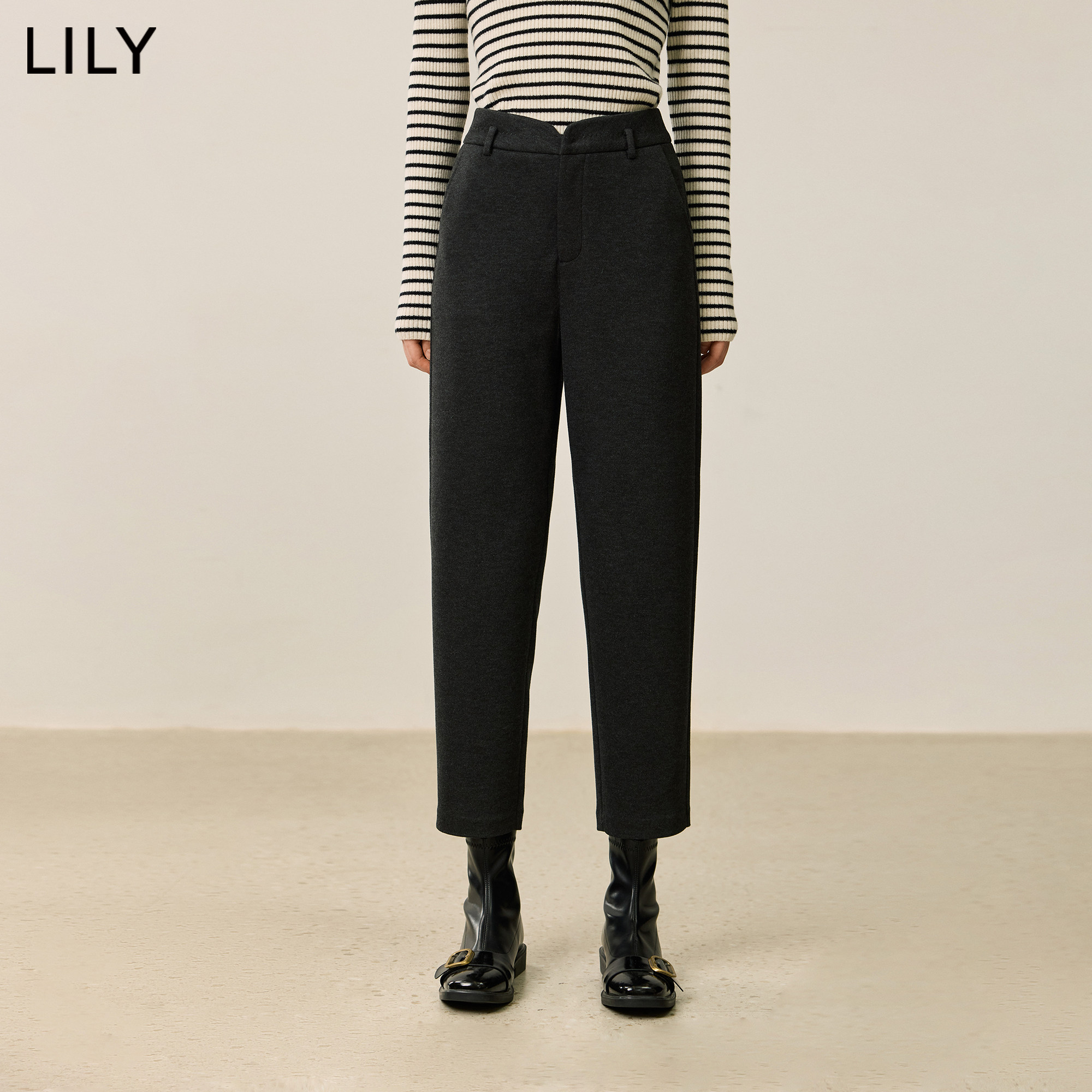 LILY2026冬新款复古修身窄版休闲通勤百搭深色九分裤锥形裤女长裤