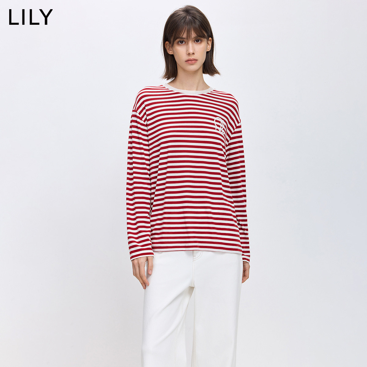 LILY2026春新款圣诞新年撞色红色条纹休闲百搭长袖T恤内搭上衣女