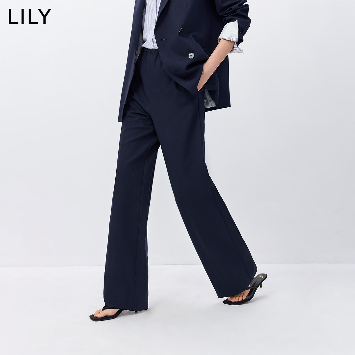 LILY2026春新款女装经典老钱风休闲气质通勤藏青色西裤直筒阔腿裤