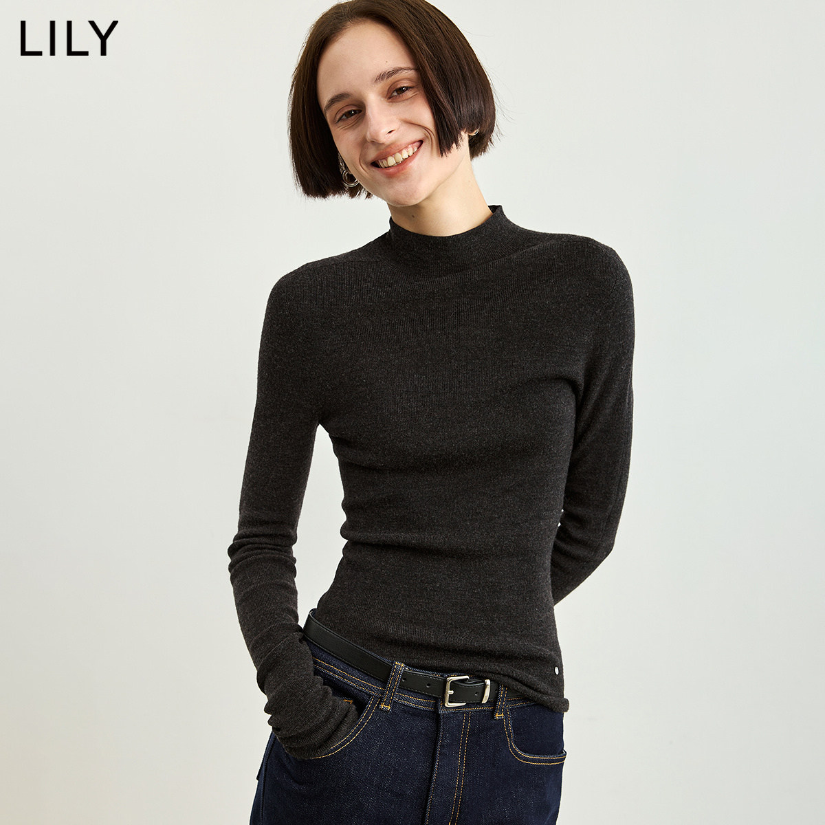 100%羊毛LILY2026冬新款女装半高领收腰修身通勤套头针织衫内搭
