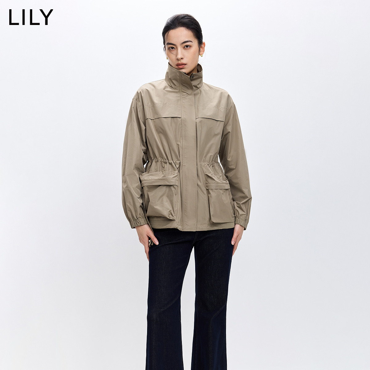 LILY2026春新款女装复古微光感立领收腰宽松休闲通勤长袖工装外套
