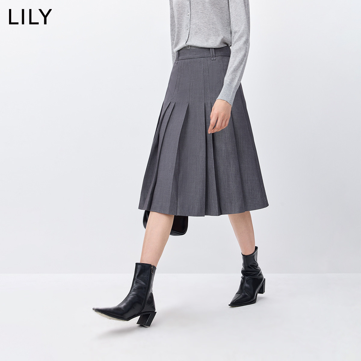 LILY2026春新款格雷系休闲气质通勤灰色百褶裙A字半身裙中长款女