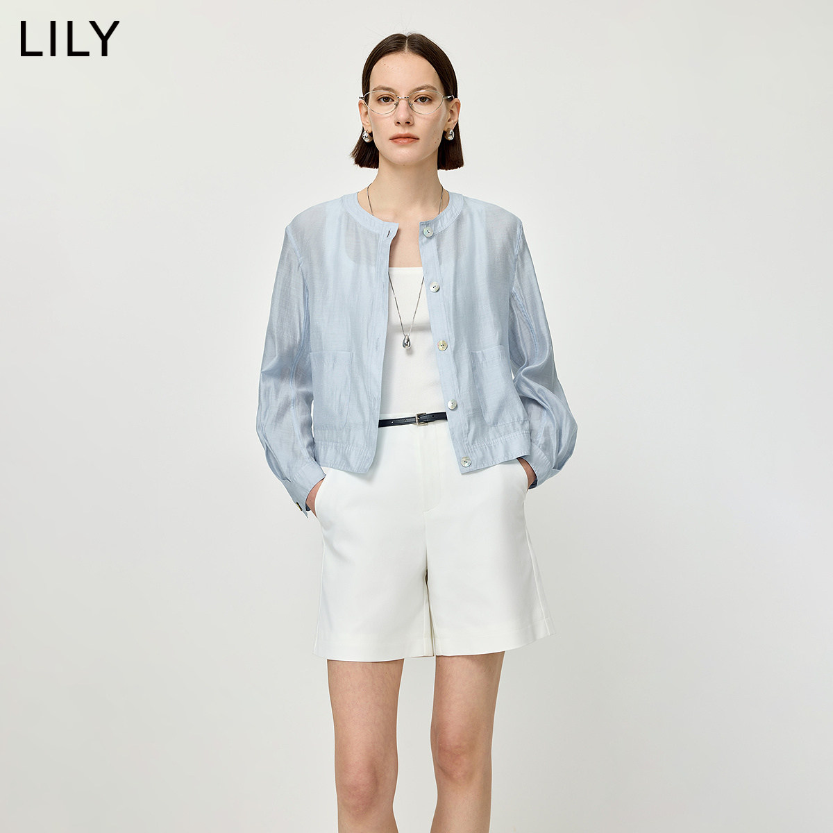 LILY2026夏新款女装莱赛尔醋酸混纺含亚麻微光感圆领薄款长袖外套