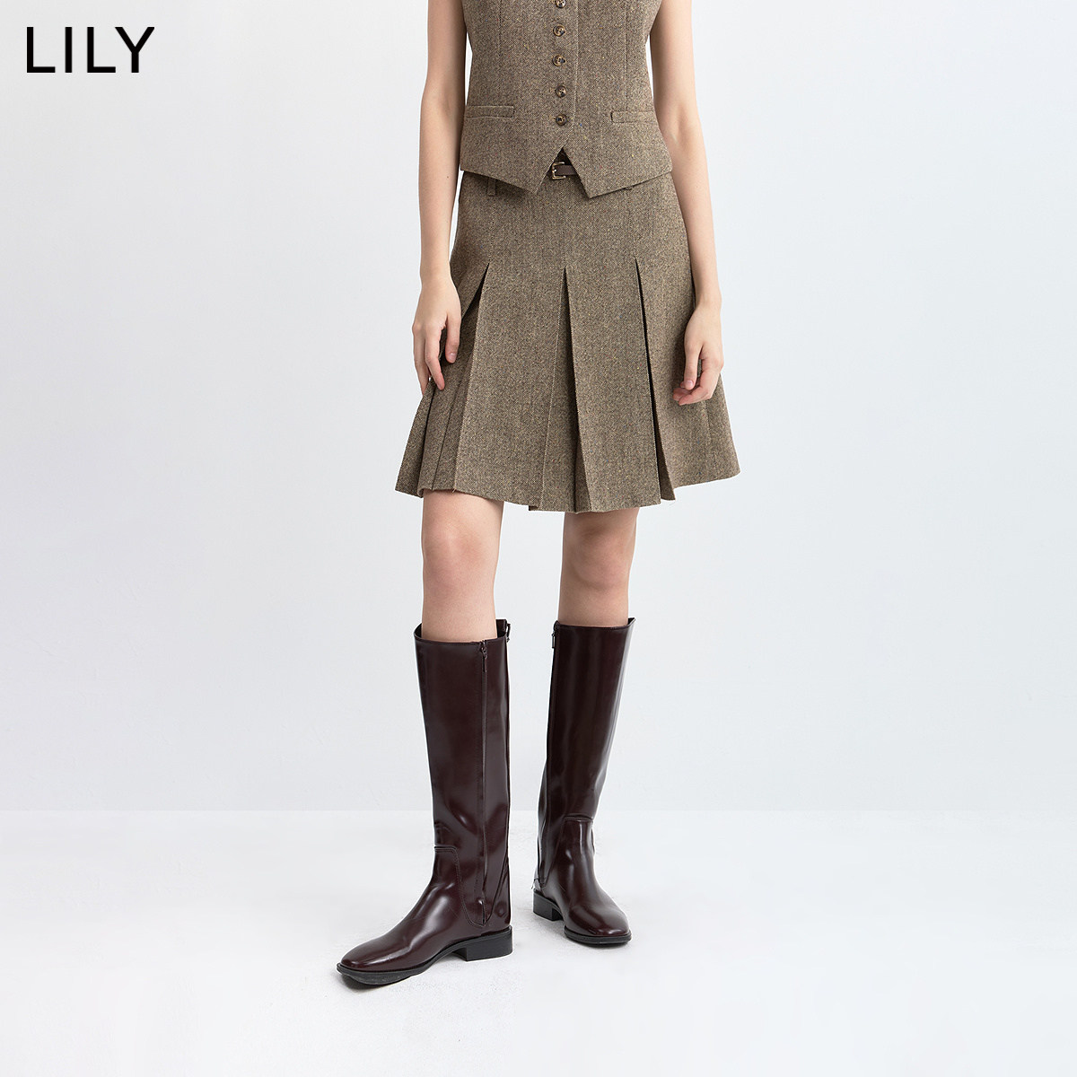 LILY2026冬新款女装复古粗花呢压褶休闲通勤深色百褶裙A字半身裙