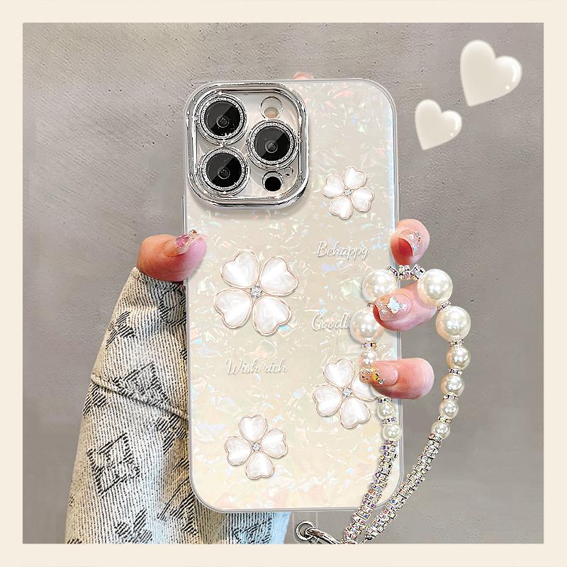 白色四叶草适用苹果18promax手机壳iphone17pro新款16/17贝壳纹15plus创意14可爱13手绳12巨好看11高级感庄