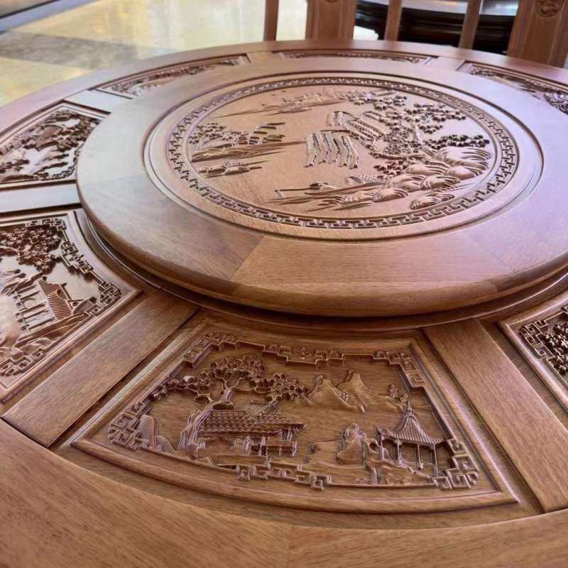 仿古格木餐桌10人位大圆桌中式烫蜡深雕工艺桌椅组合家用转盘饭桌