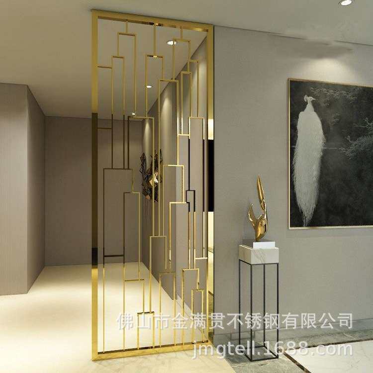 新中式钛金拉丝不锈钢屏风隔断 客厅玄镂空花格关金属隔断制作