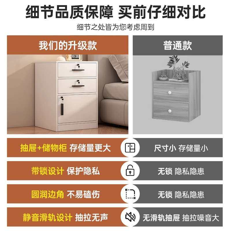 床头柜带锁家用卧室轻奢小柜子储物柜靠墙置物简易书柜床边收纳柜