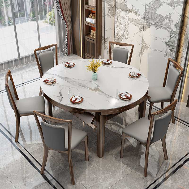 新中式轻奢乌金实木餐桌椅组合岩板小户型可伸缩折叠家用餐桌家具