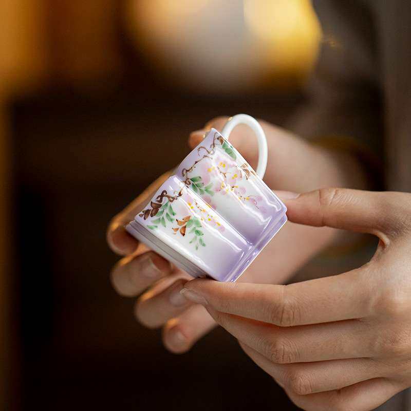 墨己玉泥手绘紫藤花家用茶杯日式提耳花口方形品茗杯主人杯单杯