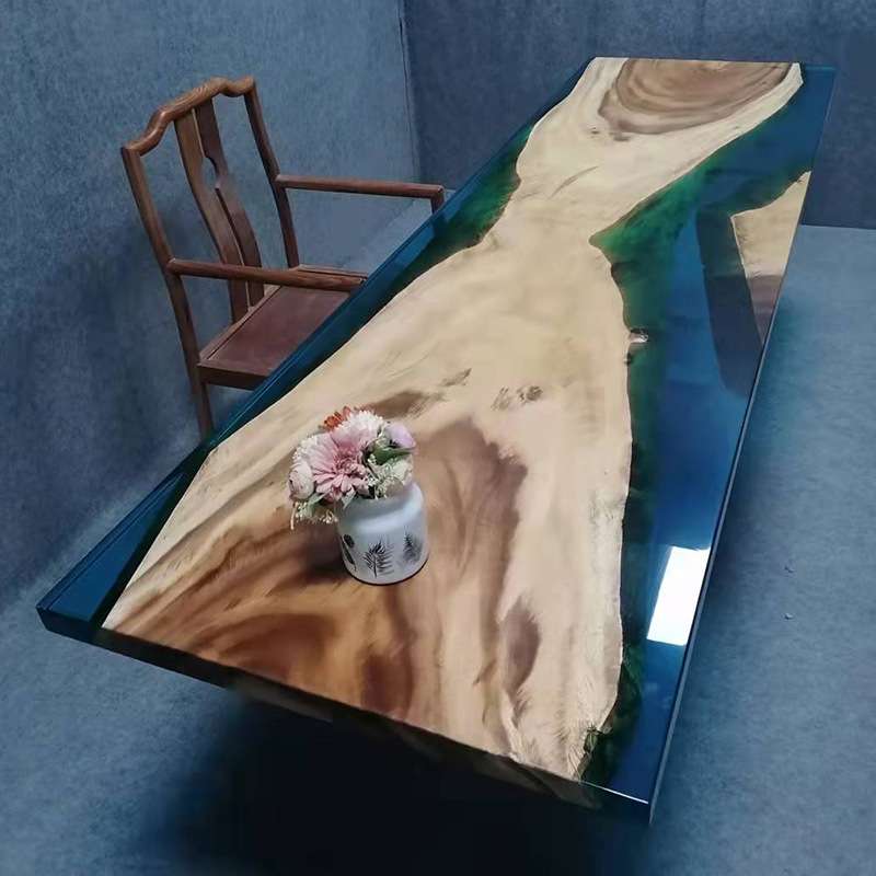 跨境货源原木树脂茶几桌展厅会客艺术树脂画桌现代花纹实木河流桌