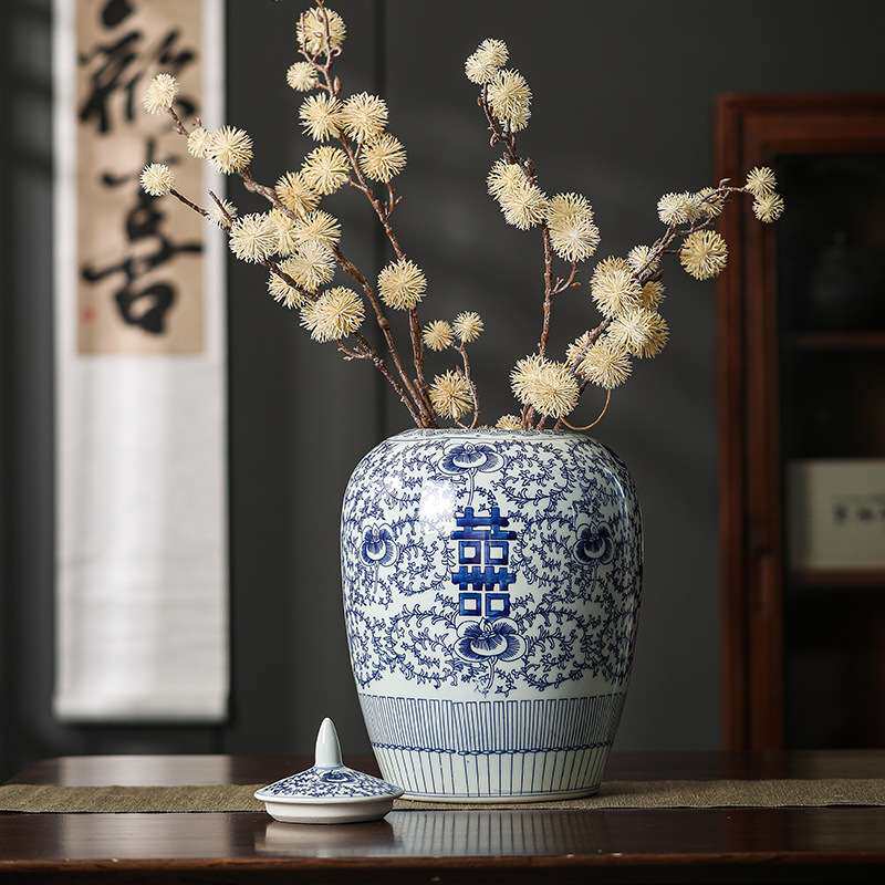 青花瓷喜字罐陶瓷花瓶摆件新中式陶瓷花瓶客厅书房陶瓷摆件结婚