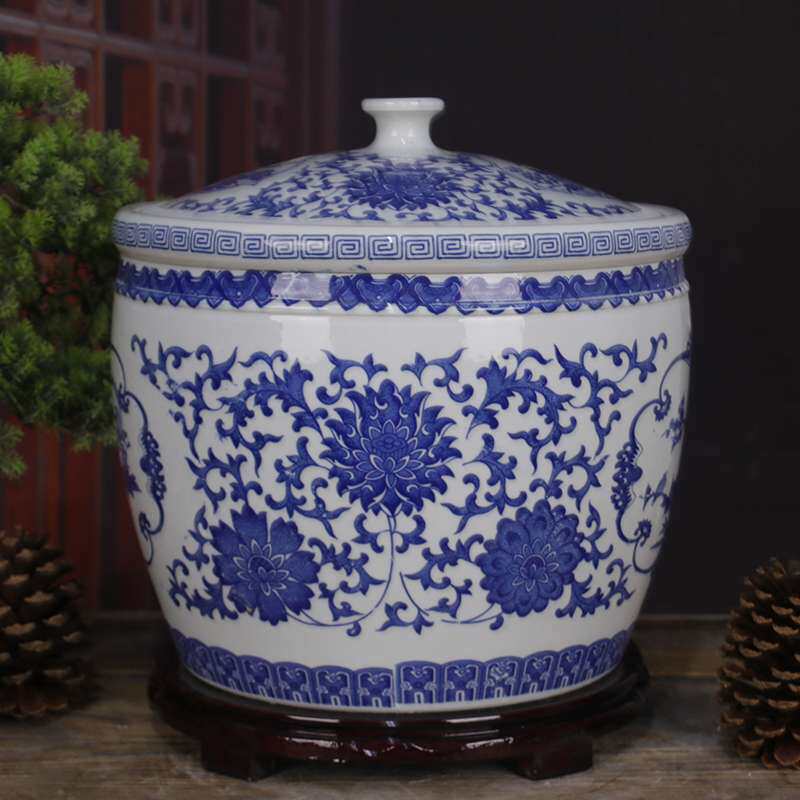 景德镇陶瓷米缸10斤20斤30斤装青花带盖储物罐水缸油缸面粉缸