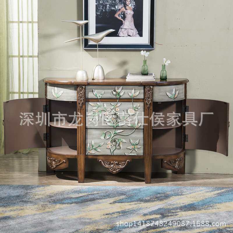 美式乡村玄关半圆柜子客厅复古怀旧彩绘边柜储物柜装饰小家具