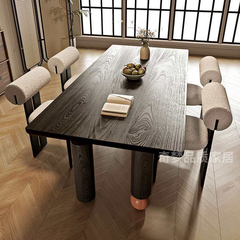 实木餐桌椅饭桌家用法式餐桌长方形白蜡木中古风餐桌客厅书桌两用