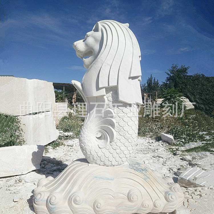 石雕鱼尾狮雕塑大理石汉白玉鱼尾狮喷水雕塑商场酒店小区景观摆件