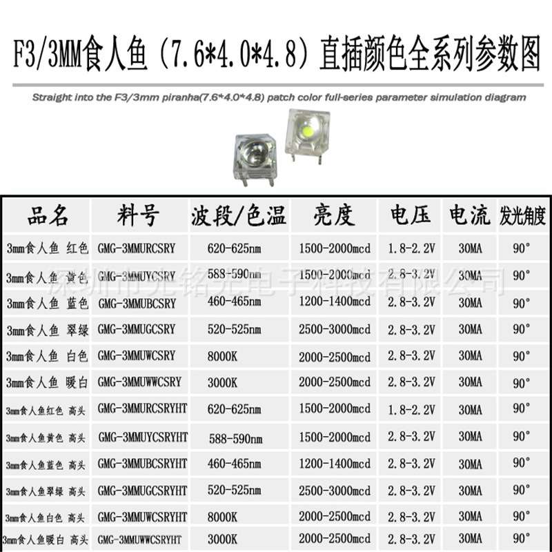 F3/3mm食人鱼暖白 高头发光二极管 暖白光食人鱼灯珠颜色支持定作