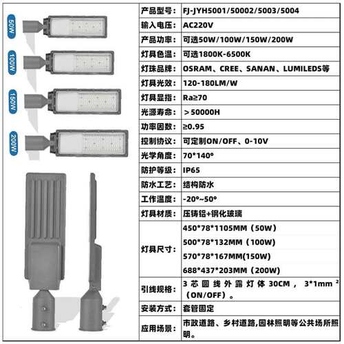 LED50W100W150W200W经济款路灯小区道路灯新农村户外防水LED灯头