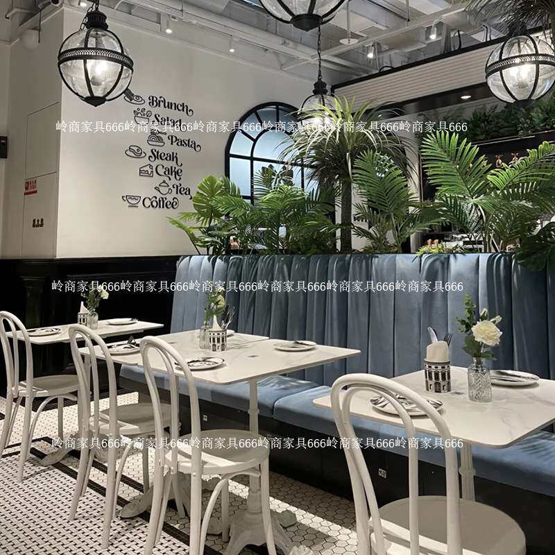 烘焙甜品店复古岩板方桌法式咖啡桌餐厅桌椅组合咖啡厅实木藤编椅