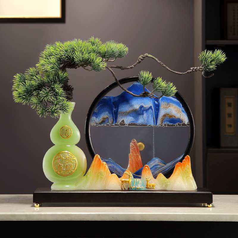 新中式仿玉葫芦摆件客厅玄关办公室迎客松装饰创意解压沙漏流沙画