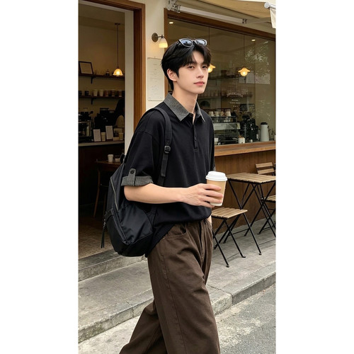 美式格子拼接翻领短袖Polo衫