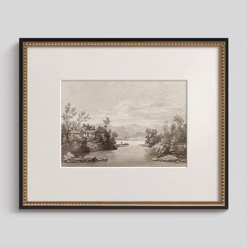 风景素描版画法式黑白复古客厅装饰画美式中古风餐厅玄关走廊挂画