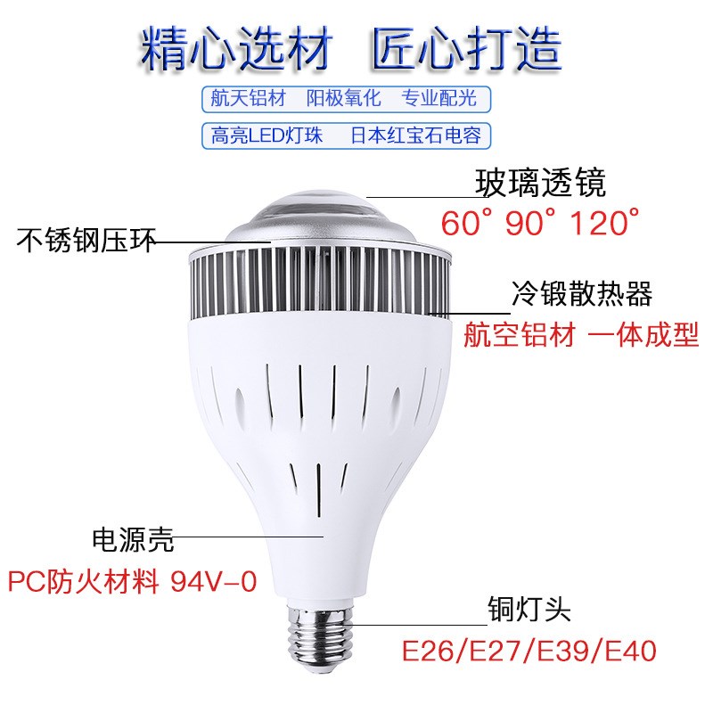 厂房仓库高天棚工业照明LED节能高光效矿灯大球泡灯E27紫光去除渍