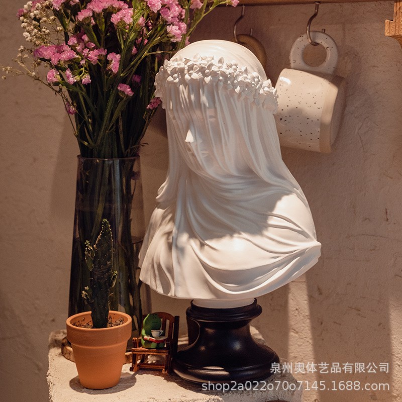 跨境哥特式艺术品摆件婚礼家居装饰面纱少女半身像雕像树脂工艺品