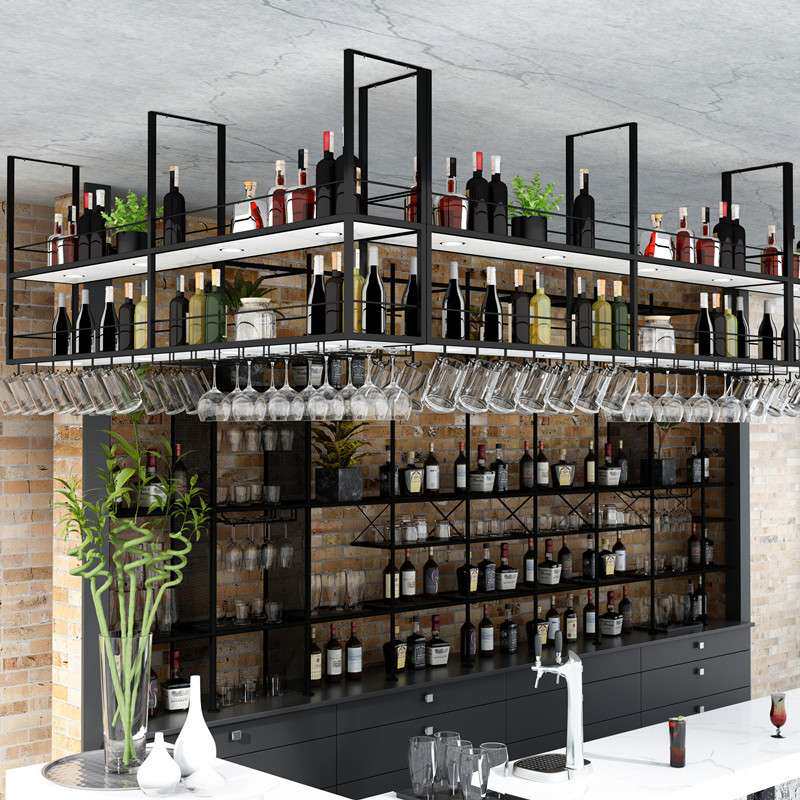 吧台吊架酒吧悬挂酒架置物架铁艺酒柜高脚杯架奶茶店餐厅吊顶吊柜