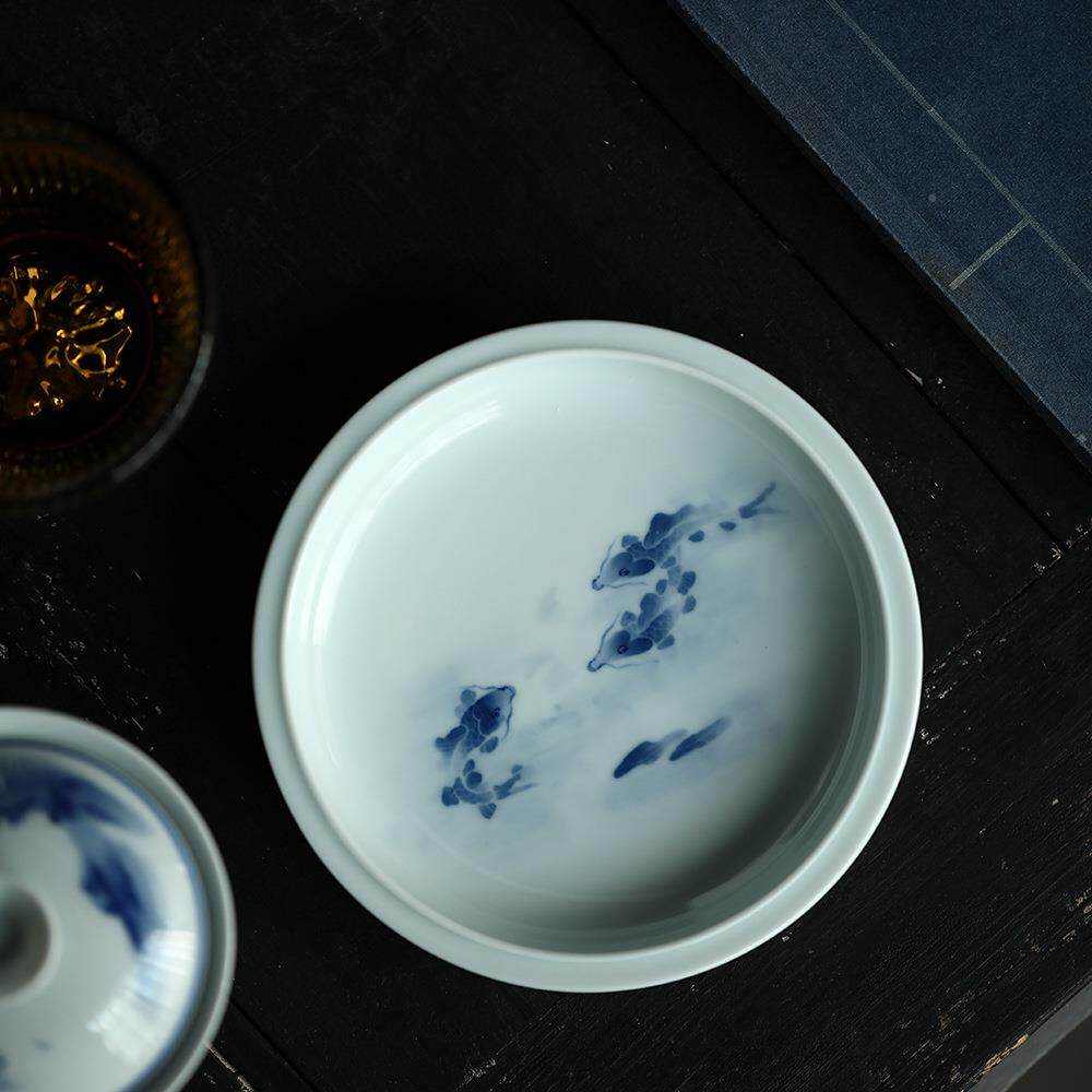 景德镇陶青瓷花鱼茶承壶承高盘端青花壶承游手绘干泡台壶垫盖碗托