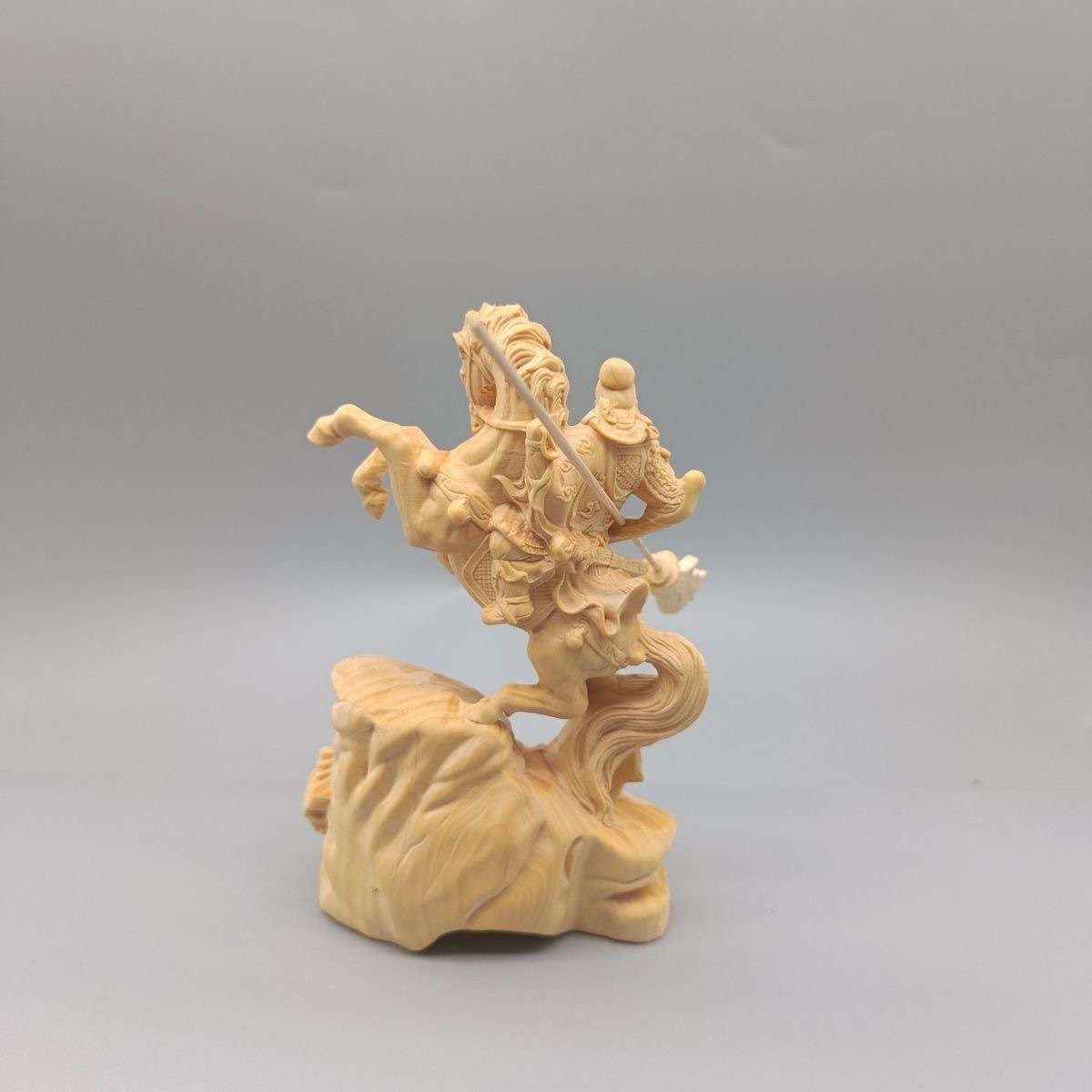 黄杨木跃马关公摆件实木雕刻武财神忠义关羽关二爷中式客厅装饰品