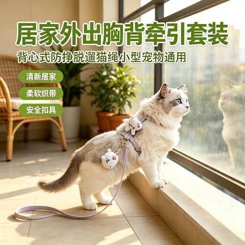懒懒兔胸背牵引套装背心式猫狗通用防挣脱遛猫外出居家可爱牵引绳