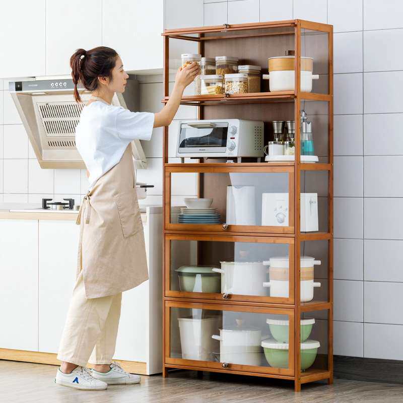 厨房用品收纳柜子落地多层多功能置物架带门厨具餐具储物柜书架木