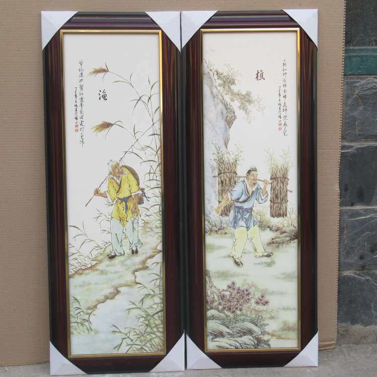 景德镇四条屏瓷板画陶瓷画 渔桥耕读客厅装饰画挂画壁画挂屏